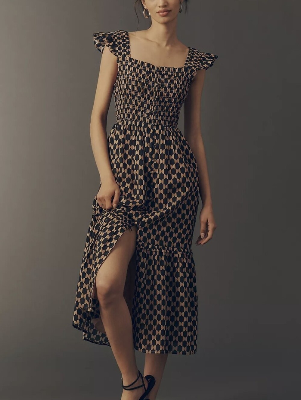 Anthropologie Peregrine Square Neck Smocked Midi Dress in Black Pattern SZ L New
